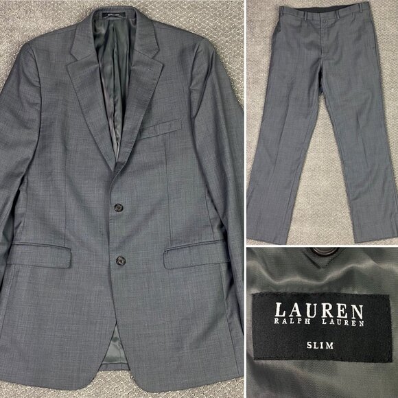 Lauren Ralph Lauren 2 Piece Suit Slim Fit Men's Blazer 42XL Pant 36x32 Gray Wool - Picture 1 of 16